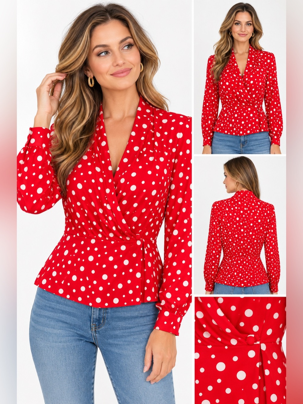 Vintage Evan-Picone Red Polka Dot Blouse Button-Front Size 12